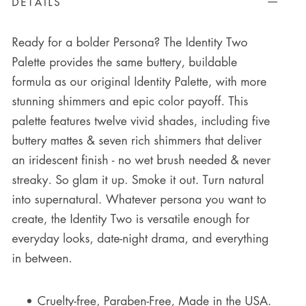 PERSONA COSMETICS IDENTITY TWO EYESHADOW PALETTE.